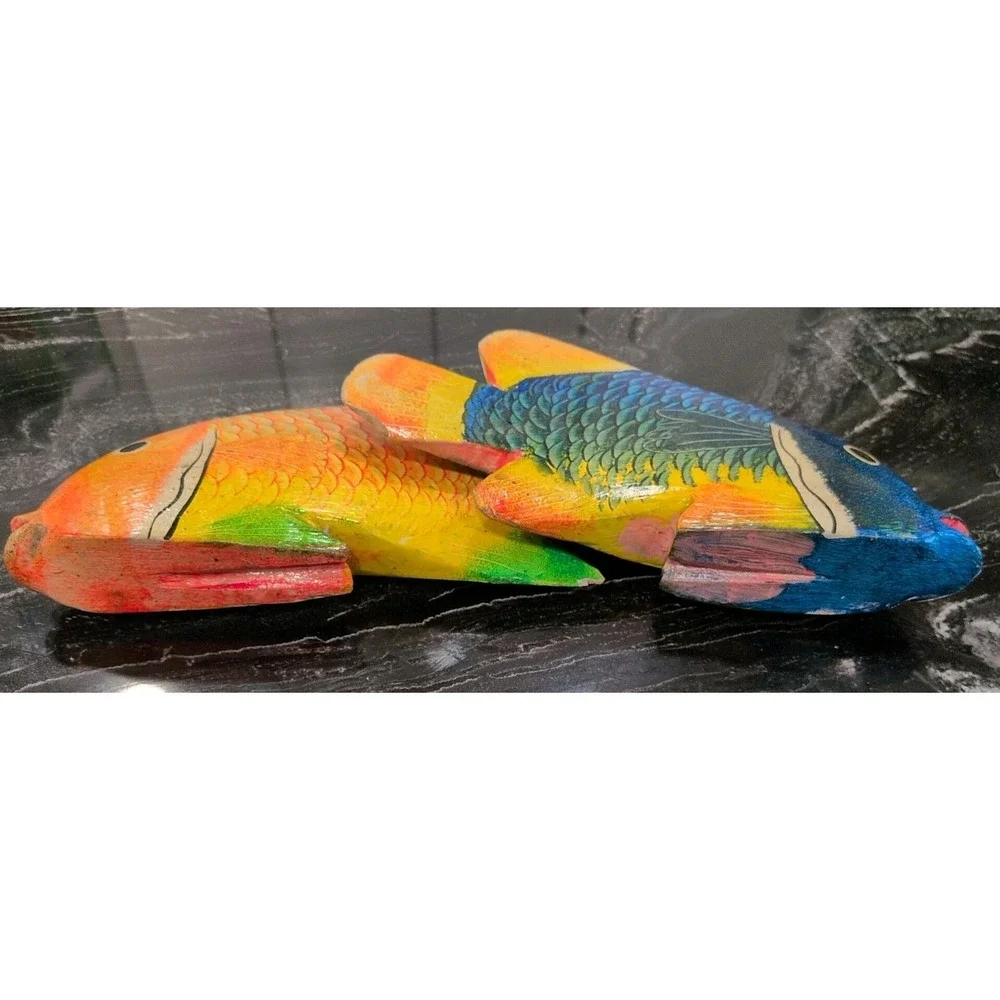 VTG Dominican Republic Hand Carved Wood Fish Figurines Set 2 Tropical Blue 10
